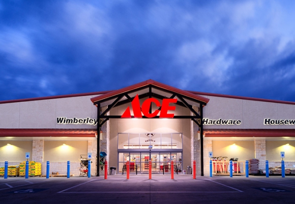 Ace Wimberley at night. Commercial building by SB Thompson Construction.